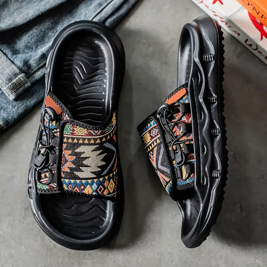 Men's Slip-On Sandals with Colorful Geometric Pattern - Soft EVA Sole