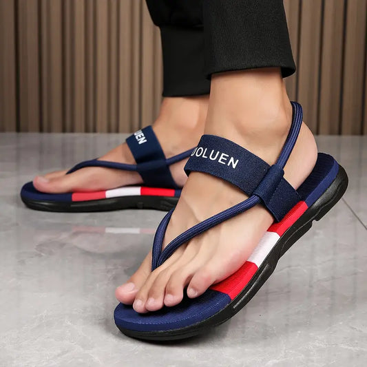 Men's Casual Flip Flops with Bold Letter Print & Striped Design - Durable Fabric Upper